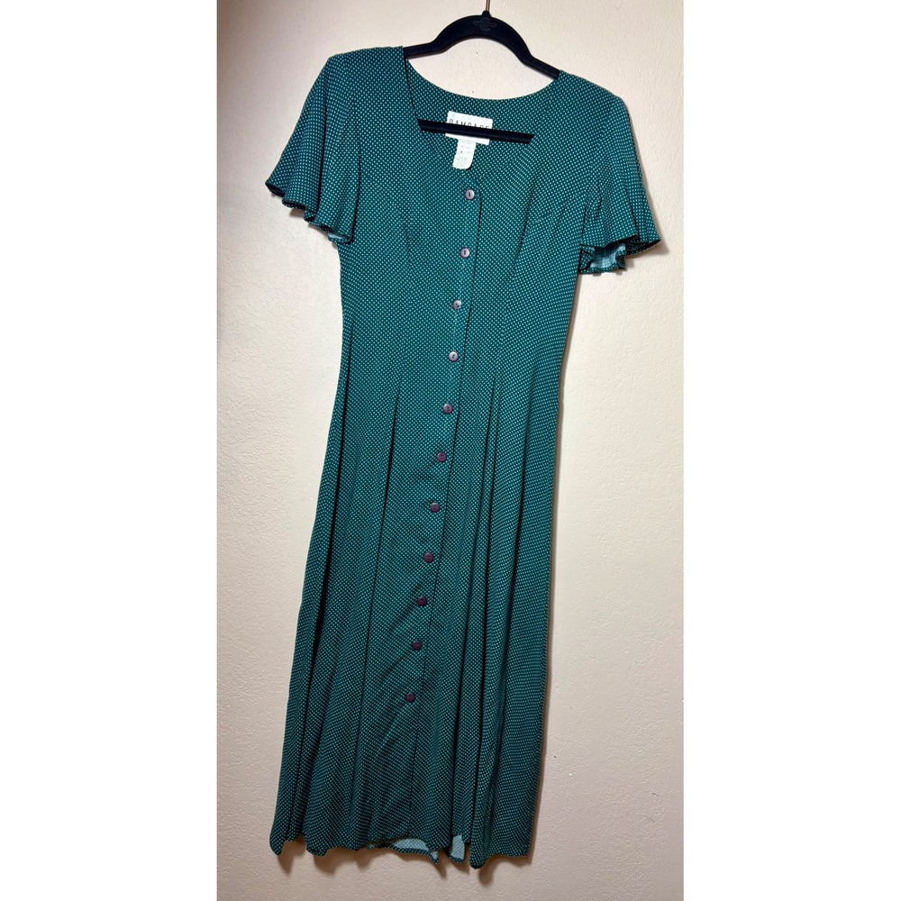 Vintage Rampage Teal Polka Dot Button Front Midi Dress Corsett‎ Back 90s Size 3